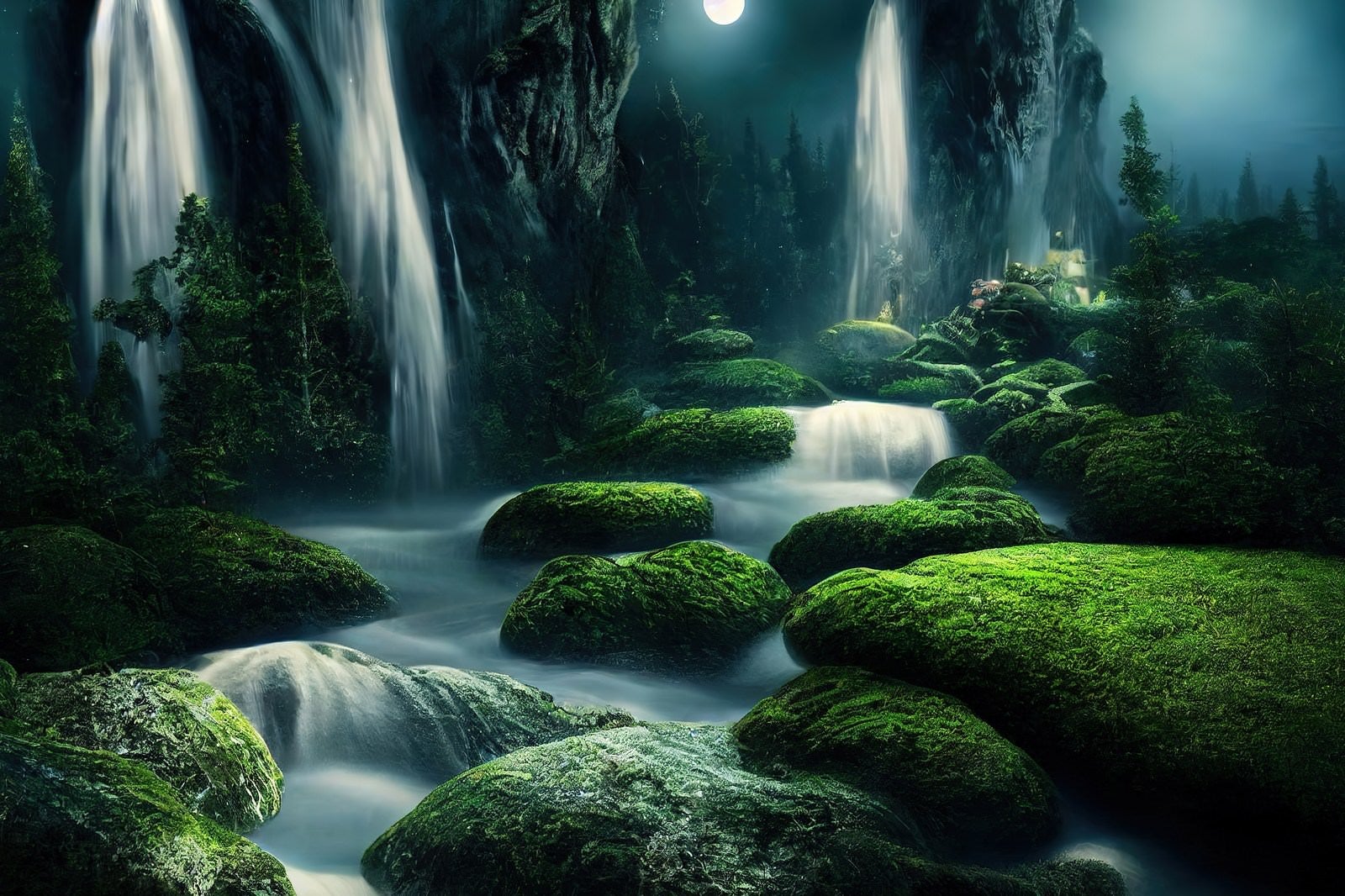 「夜の渓流と苔生す岩肌」の写真