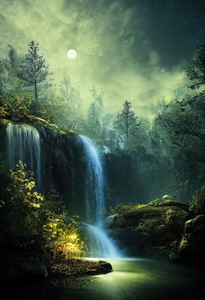 「雲に隠れた月と森の中の滝」の写真