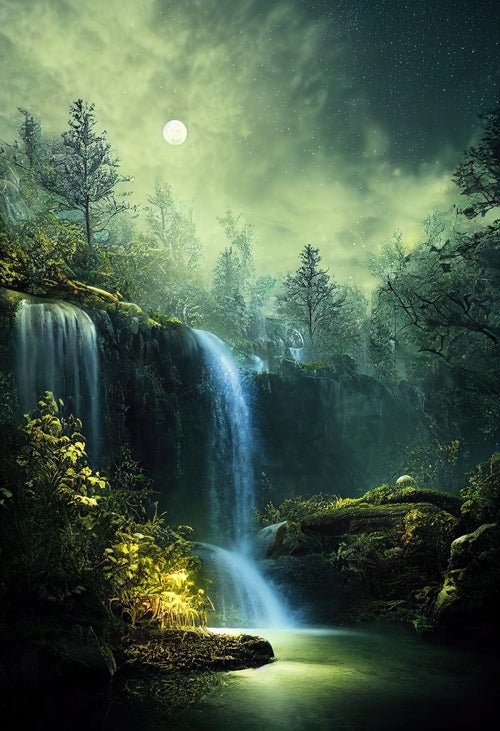 雲に隠れた月と森の中の滝の写真