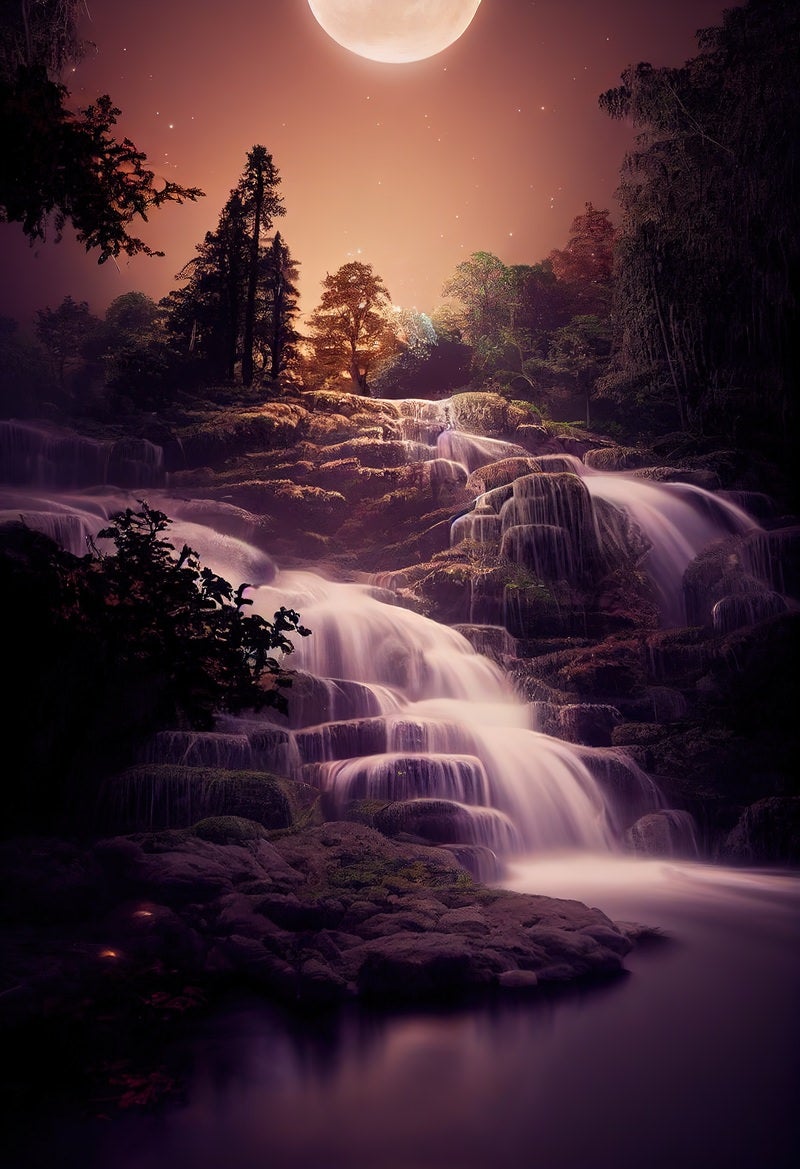 「月明りと流れ落ちる滝」の写真