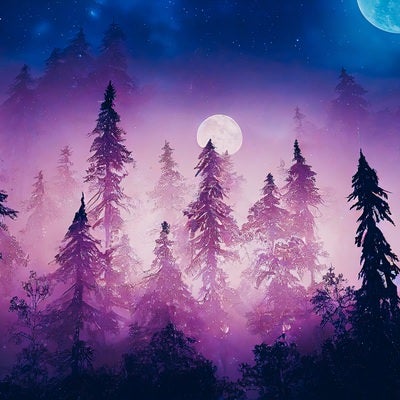 二つの月と夜の森の写真