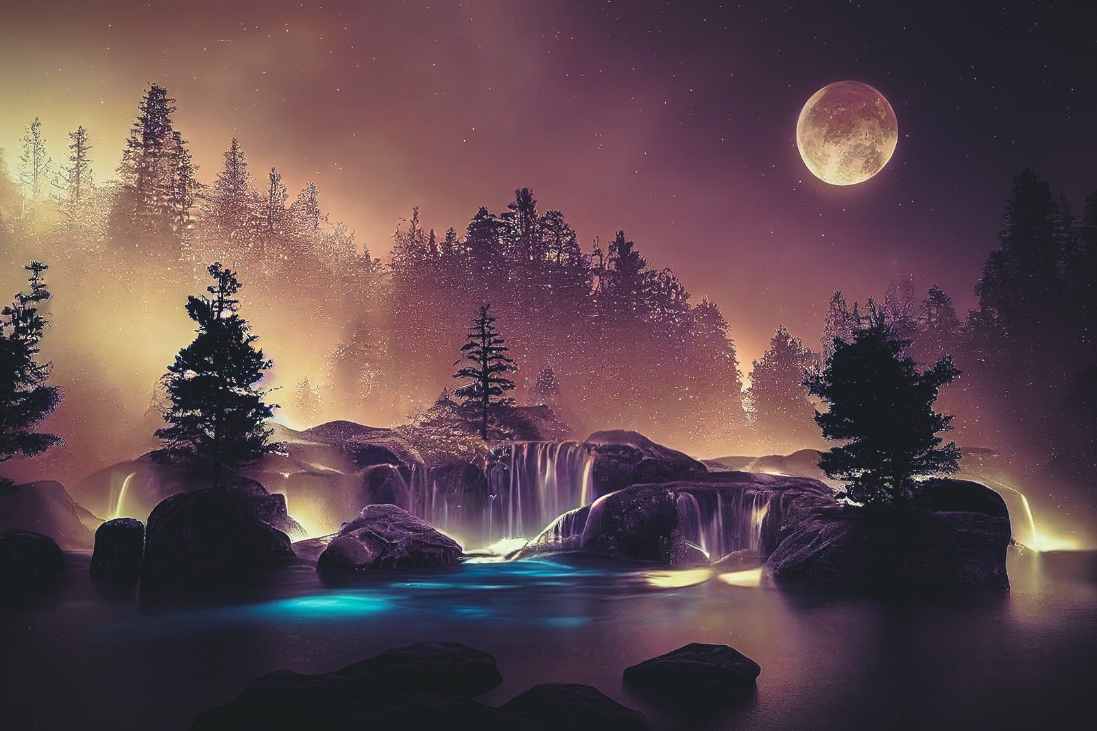 「月明りに照らされた森の水場」の写真