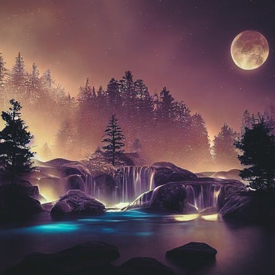 月明りに照らされた森の水場の写真
