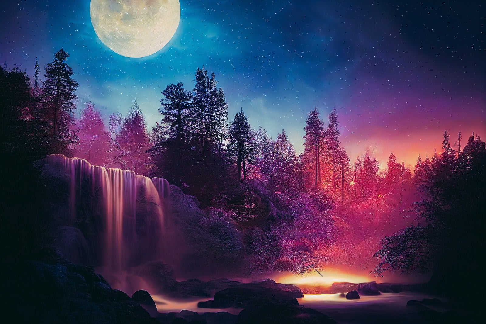 「星空に浮かぶ月と森の滝」の写真