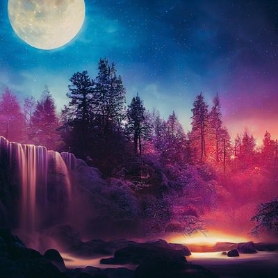 星空に浮かぶ月と森の滝の写真