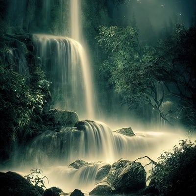 月明りに照らされる滝の雫の写真