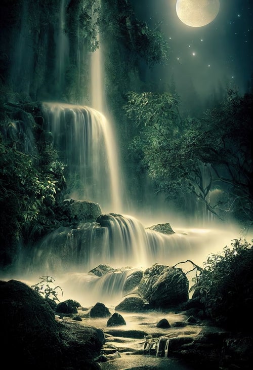 月明りに照らされる滝の雫の写真