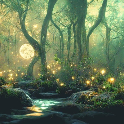 光に導かれた夜の森の写真