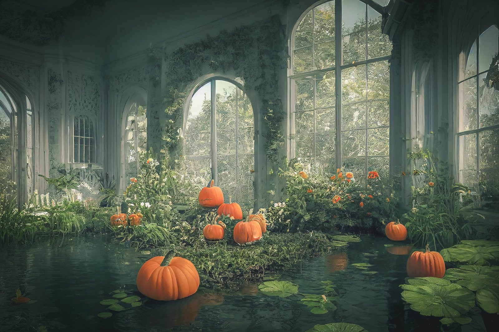 「ガラス温室に散らばるハロウィンかぼちゃ」の写真