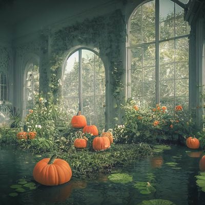 ガラス温室に散らばるハロウィンかぼちゃの写真