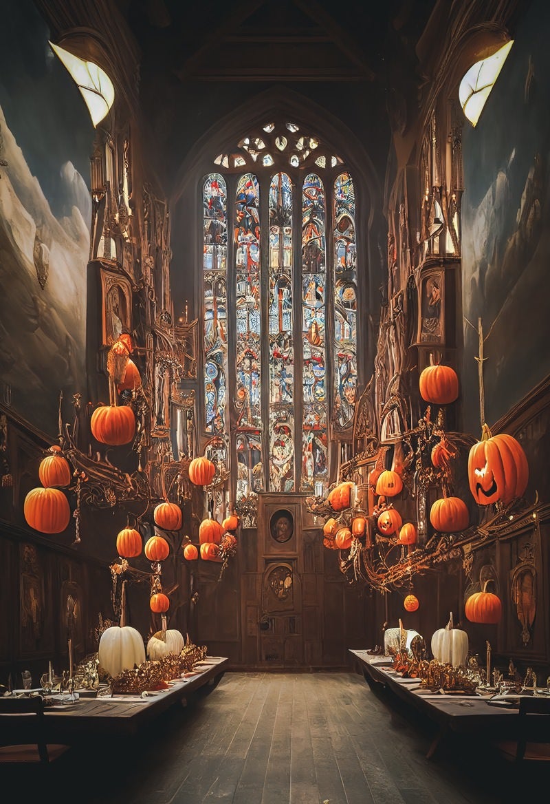 「大きなステンドグラスとジャックランタンの祭壇」の写真