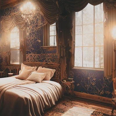 ゴージャスな部屋のベッドの写真