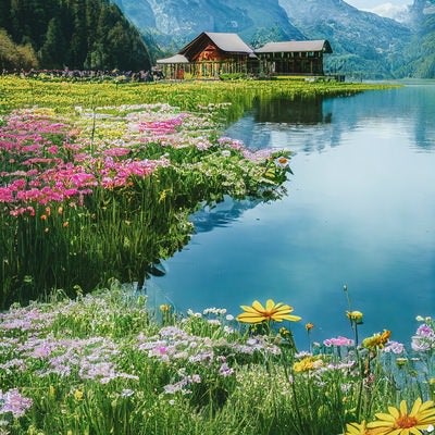 花が咲く大自然の湖畔の写真