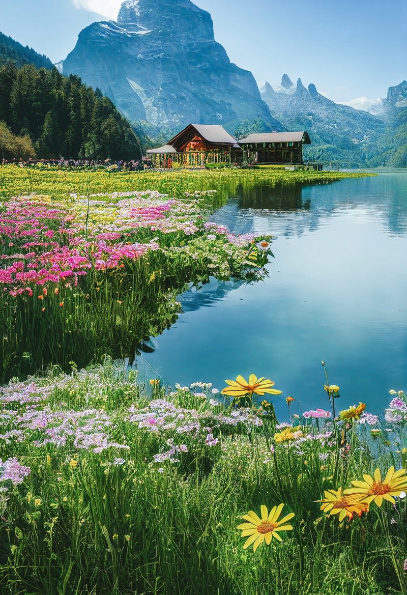 「花が咲く大自然の湖畔」の写真