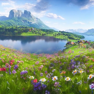 大きな湖と野花の写真