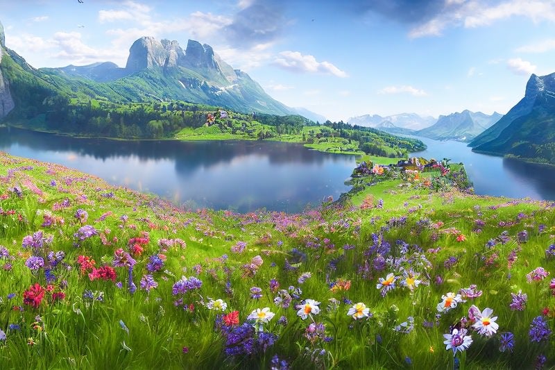 大きな湖と野花の写真