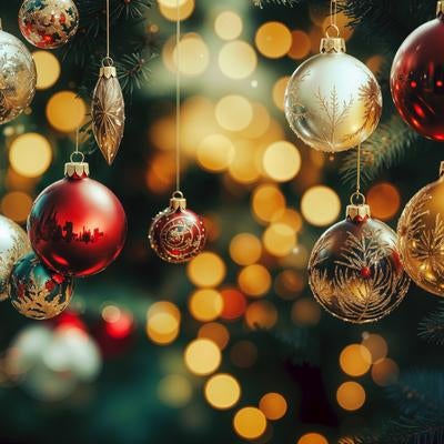 煌めくクリスマスツリーの灯りとオーナメントの写真