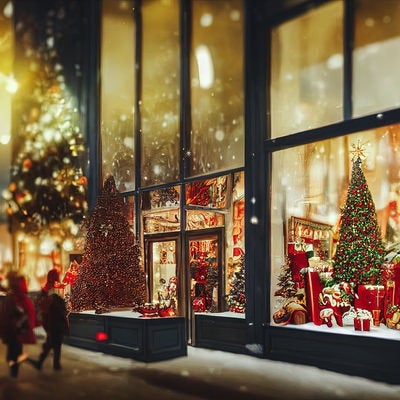 ショーウィンドウに並ぶクリスマスツリーとプレゼントの写真