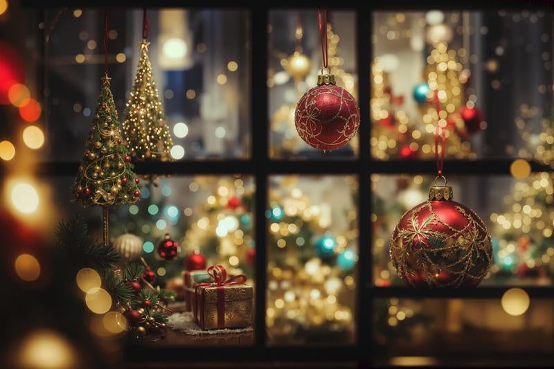 窓辺に飾られた赤いクリスマスオーナメントの写真