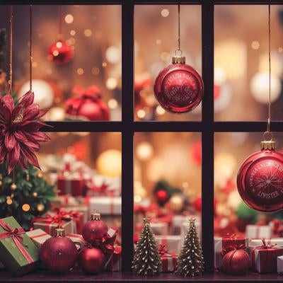 クリスマスツリーと窓の飾りの写真