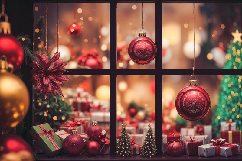 クリスマスツリーと窓の飾りの写真