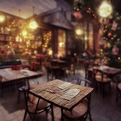 クリスマスツリーが設営されたカフェの写真