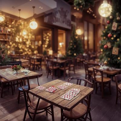 クリスマスツリーが設営されたカフェの写真