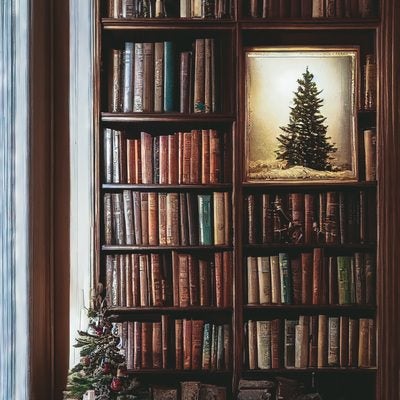 書斎の本棚に飾られたクリスマスツリーの絵の写真