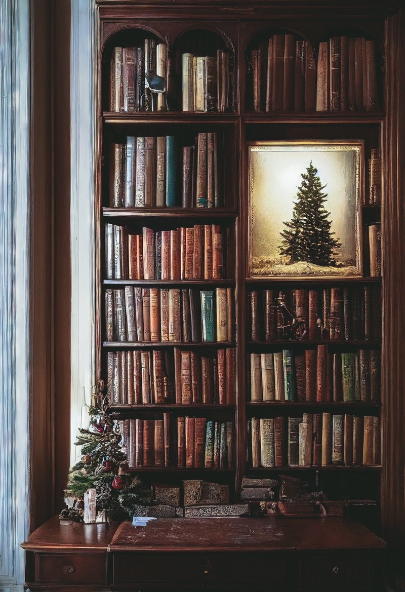 「書斎の本棚に飾られたクリスマスツリーの絵」の写真
