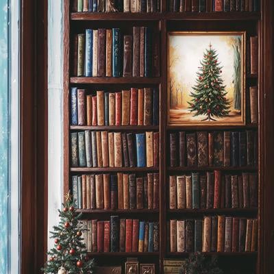 書斎の本棚に飾られたクリスマスツリーの絵の写真