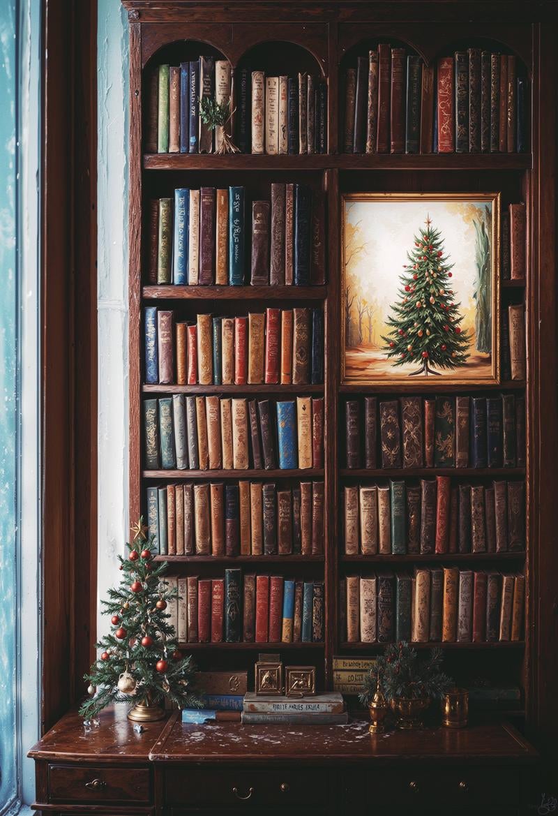 書斎の本棚に飾られたクリスマスツリーの絵の写真