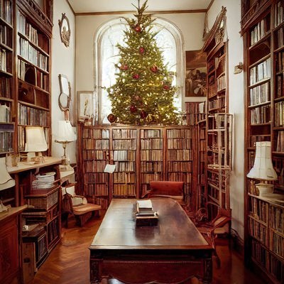 書斎に置かれたクリスマスツリーの写真