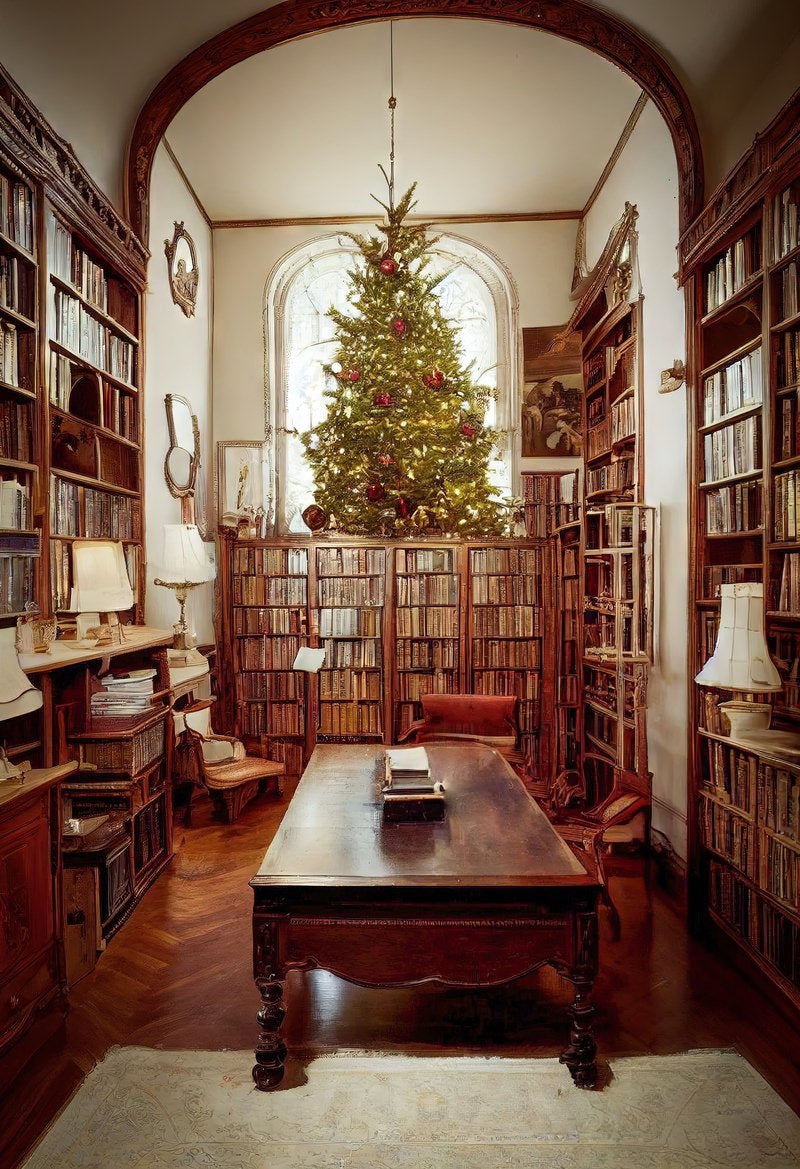 書斎に置かれたクリスマスツリーの写真