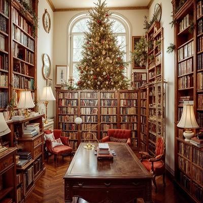 書斎に置かれたクリスマスツリーの写真