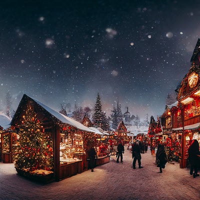 イルミネーションで彩るクリスマスマーケットの写真