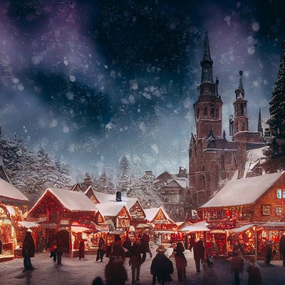舞い散る雪とクリスマスマーケットの写真