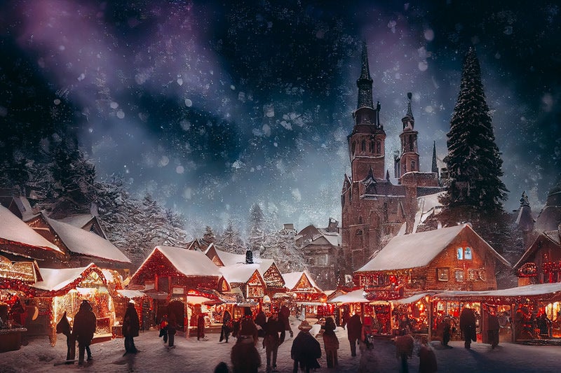 舞い散る雪とクリスマスマーケットの写真