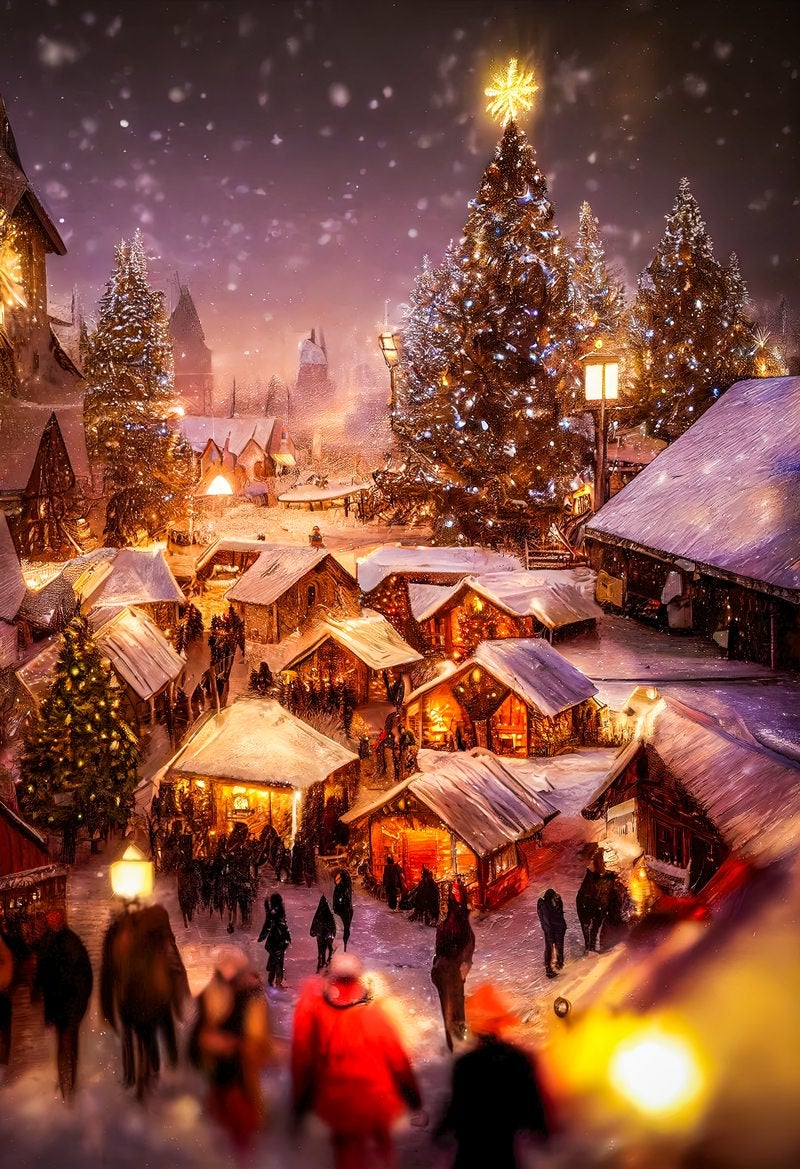 「雪が降るクリスマスムード一色の街」の写真