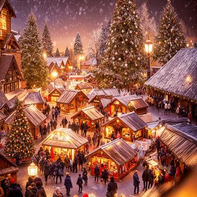 雪が降るクリスマスムード一色の街の写真