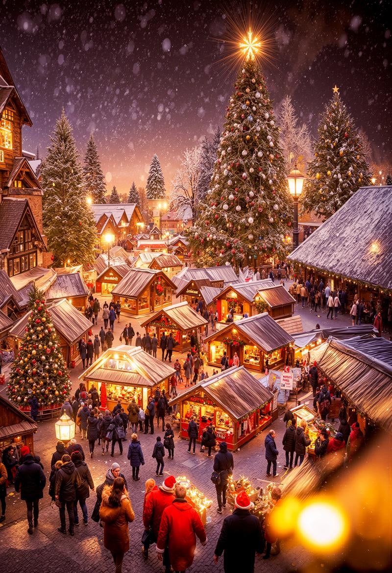 「雪が降るクリスマスムード一色の街」の写真