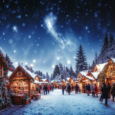 ライトアップされたクリスマスショップの写真