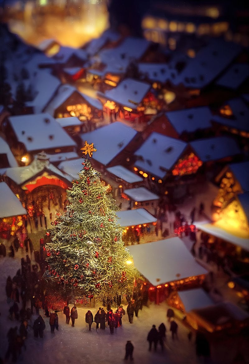 「大きなクリスマスツリーを囲む人達」の写真