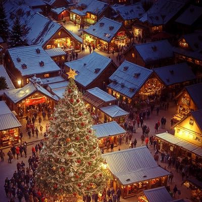 大きなクリスマスツリーを囲む人達の写真