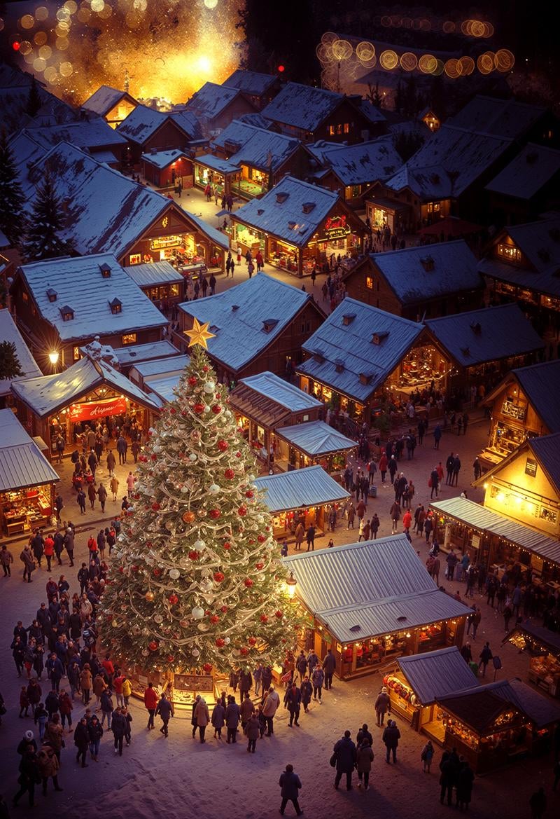 「大きなクリスマスツリーを囲む人達」の写真