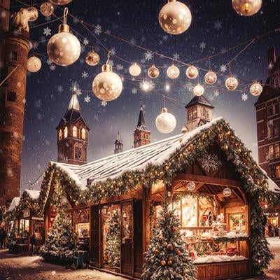 クリスマスのイベントで設営されたメタリックなボールとショップの写真