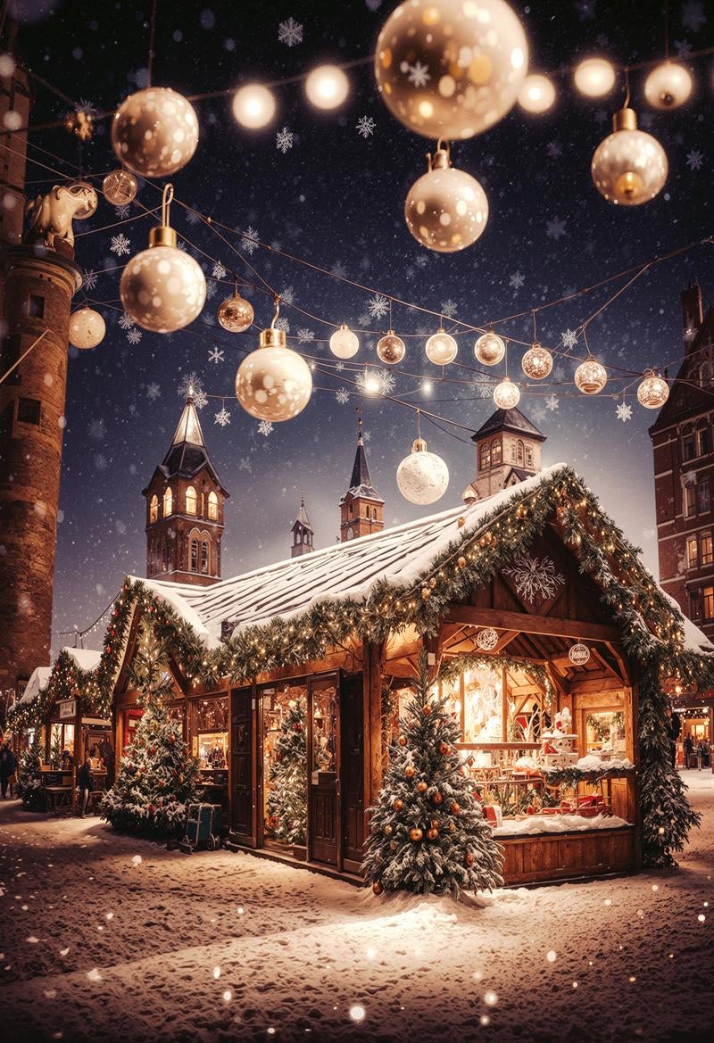 クリスマスのイベントで設営されたメタリックなボールとショップの写真