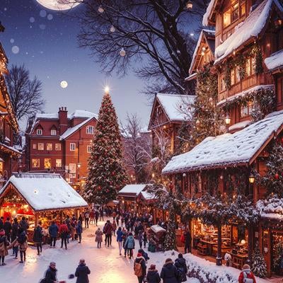 ライトアップされたクリスマスツリーを飾る洋館の写真