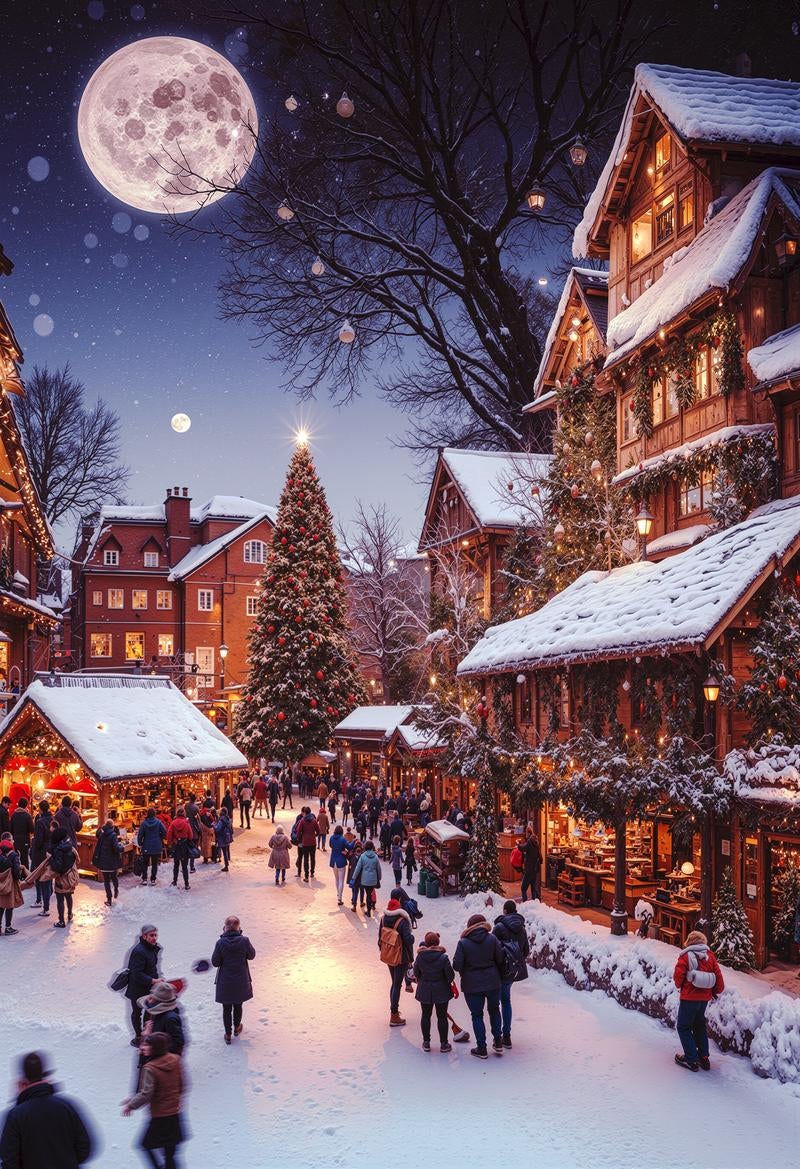 「ライトアップされたクリスマスツリーを飾る洋館」の写真