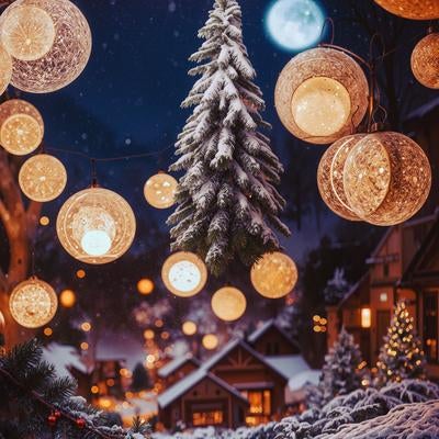 ライトアップのボケとクリスマスツリーの写真