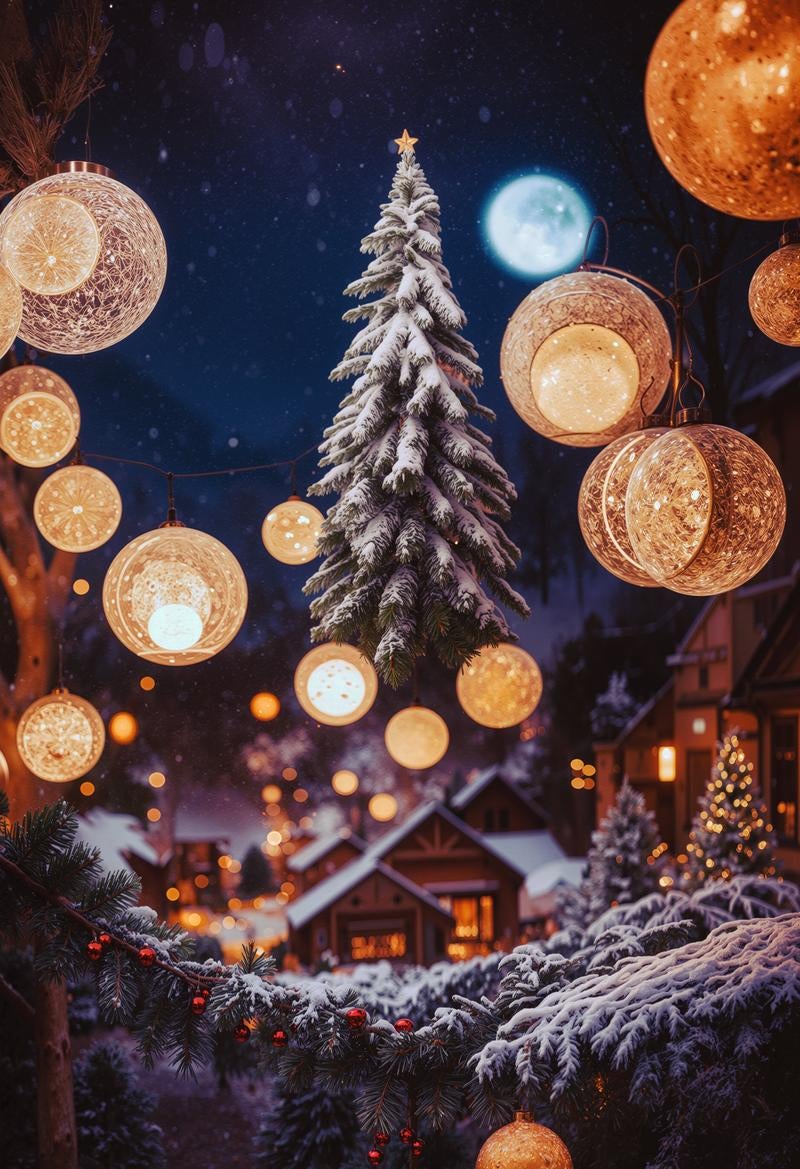 ライトアップのボケとクリスマスツリーの写真